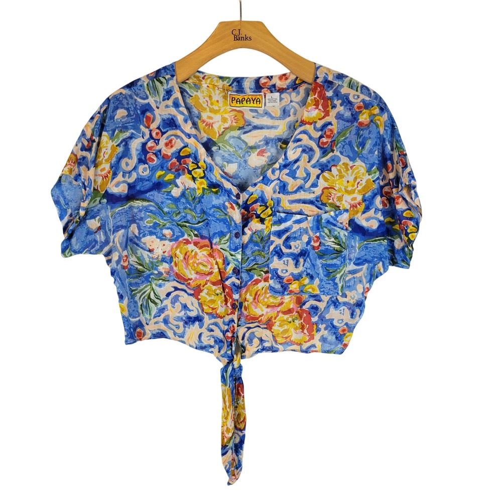 Vintage Papaya Cropped Blouse Top Blue Orange Floral Size Large 100% Cotton
